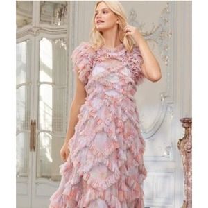 NEEDLE & THREAD Sz 6 Pink Ruffled Maxi Dress Rose Bluebell Genevieve Gown